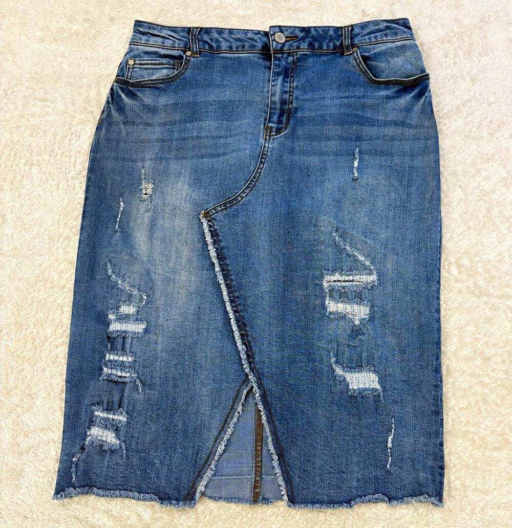 Est 1946 Denim Skirt Womens 12 Distressed Midi Front Slit Raw Hem Y2K Grunge